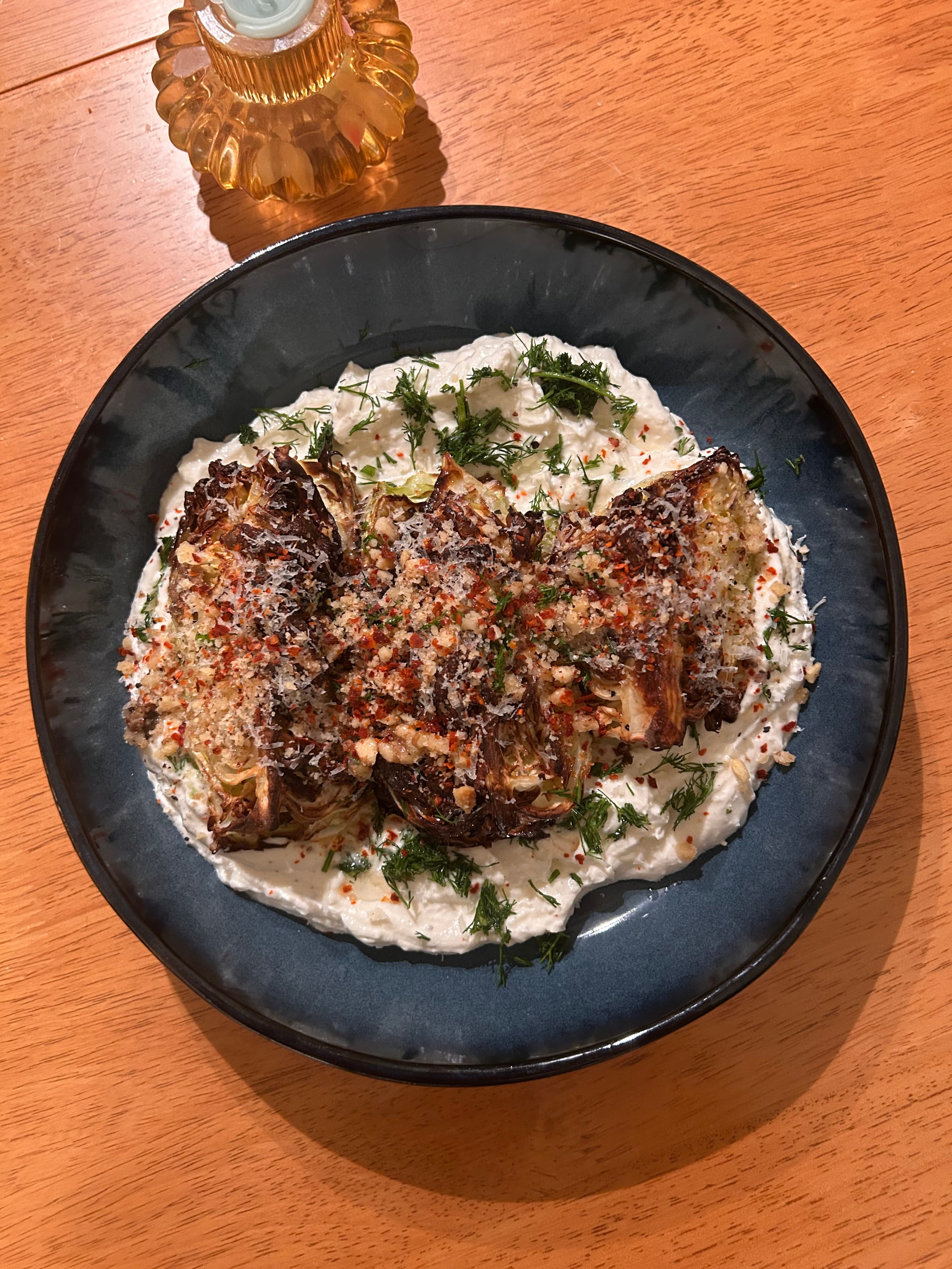 Roasted cabbage with Parmesan, walnuts and anchovies on whipped feta base photo 1