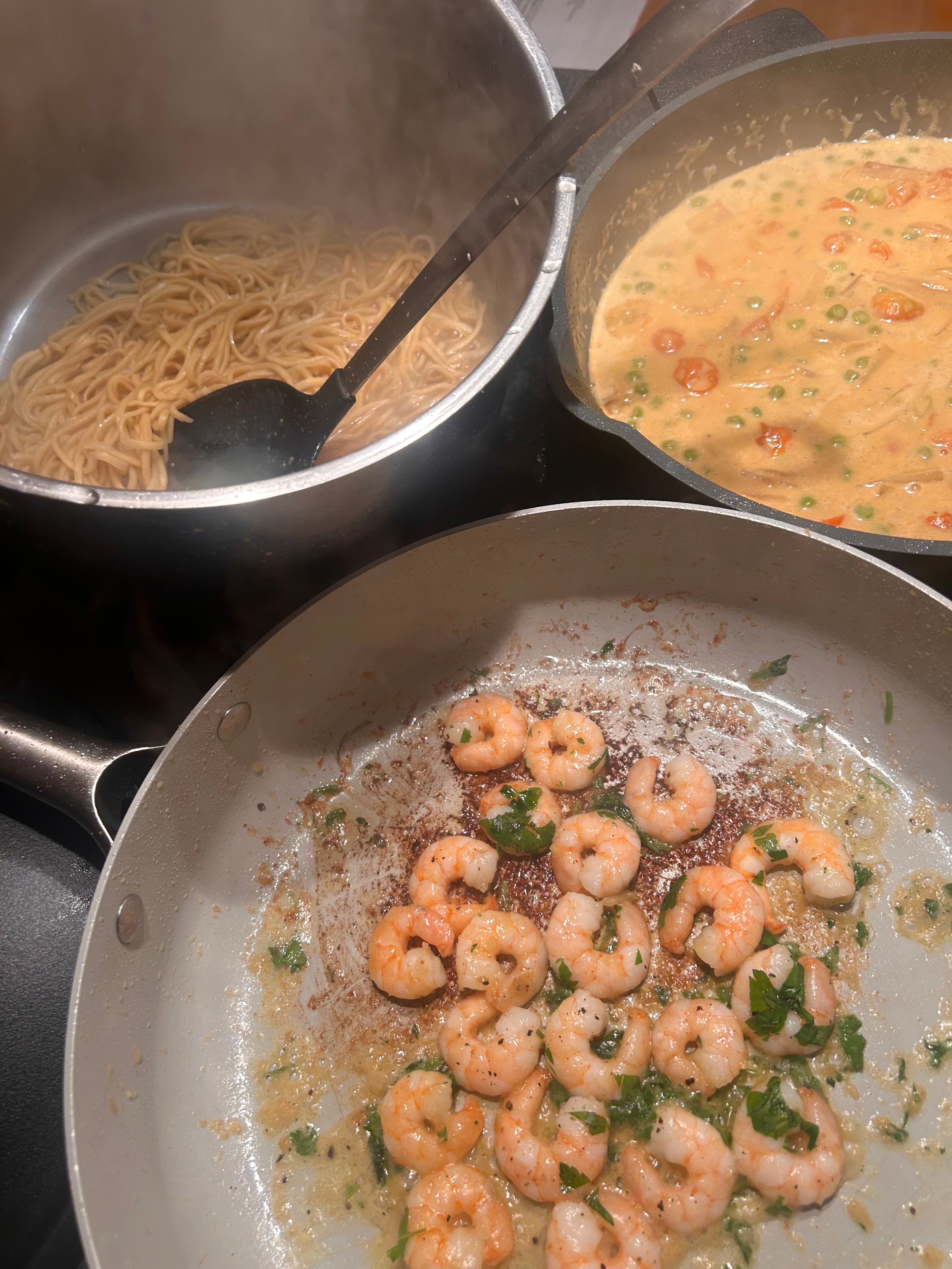 Coconut curry noodles with garlic butter prawns