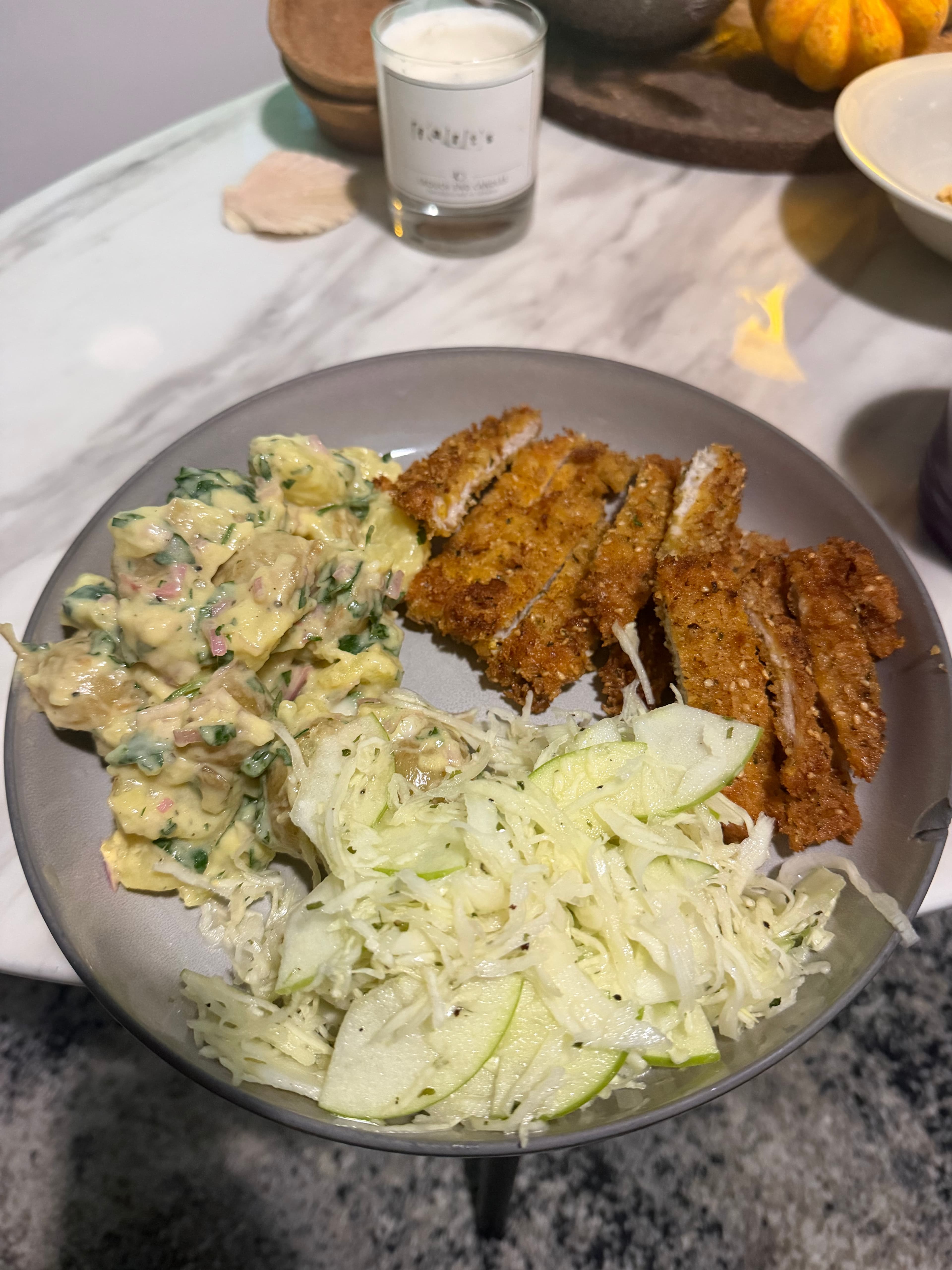 Pork cutlets, new potato’s in whole grain mustard, shallots and lemon juice and, apple & cabbage salad on the side photo 2